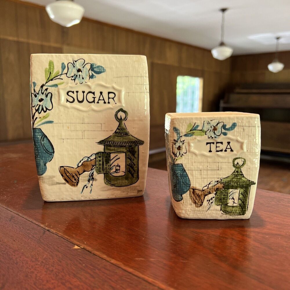Vintage Napco Ceramic Asian Inspired Sugar & Tea, No lids 2 Canister 5856 5864